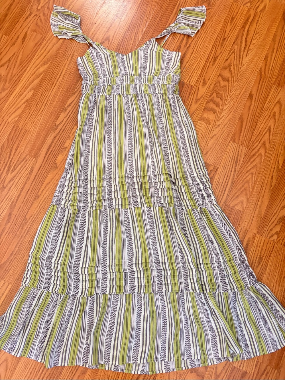 Max+Ash Striped Maxi Dress in Green and White with Ruffle Straps - Picture 2 of 12